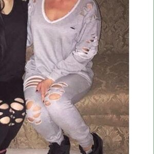 Stylish Gray Distressed Sweatsuit